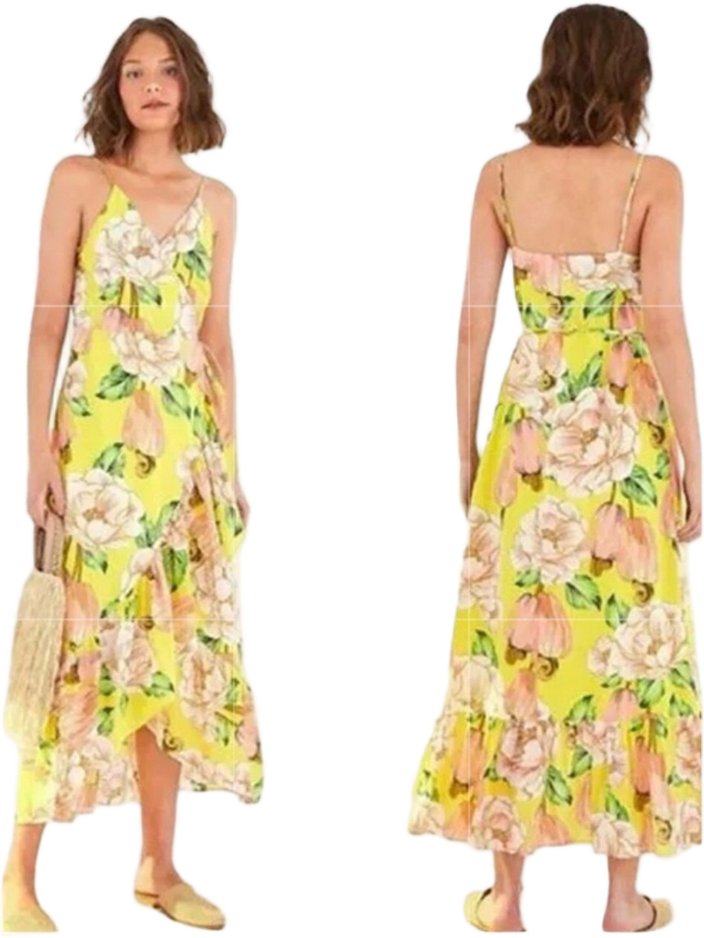 🦢FARM Rio cashew Yellow Floral Midi Sundress with Pink Blossom Print size S New